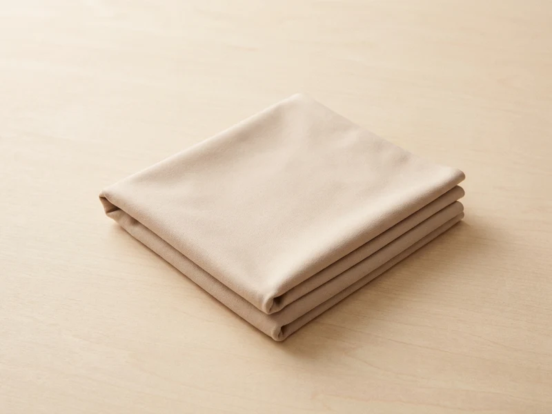 A folded smooth sand-coloured microfibre yoga towel