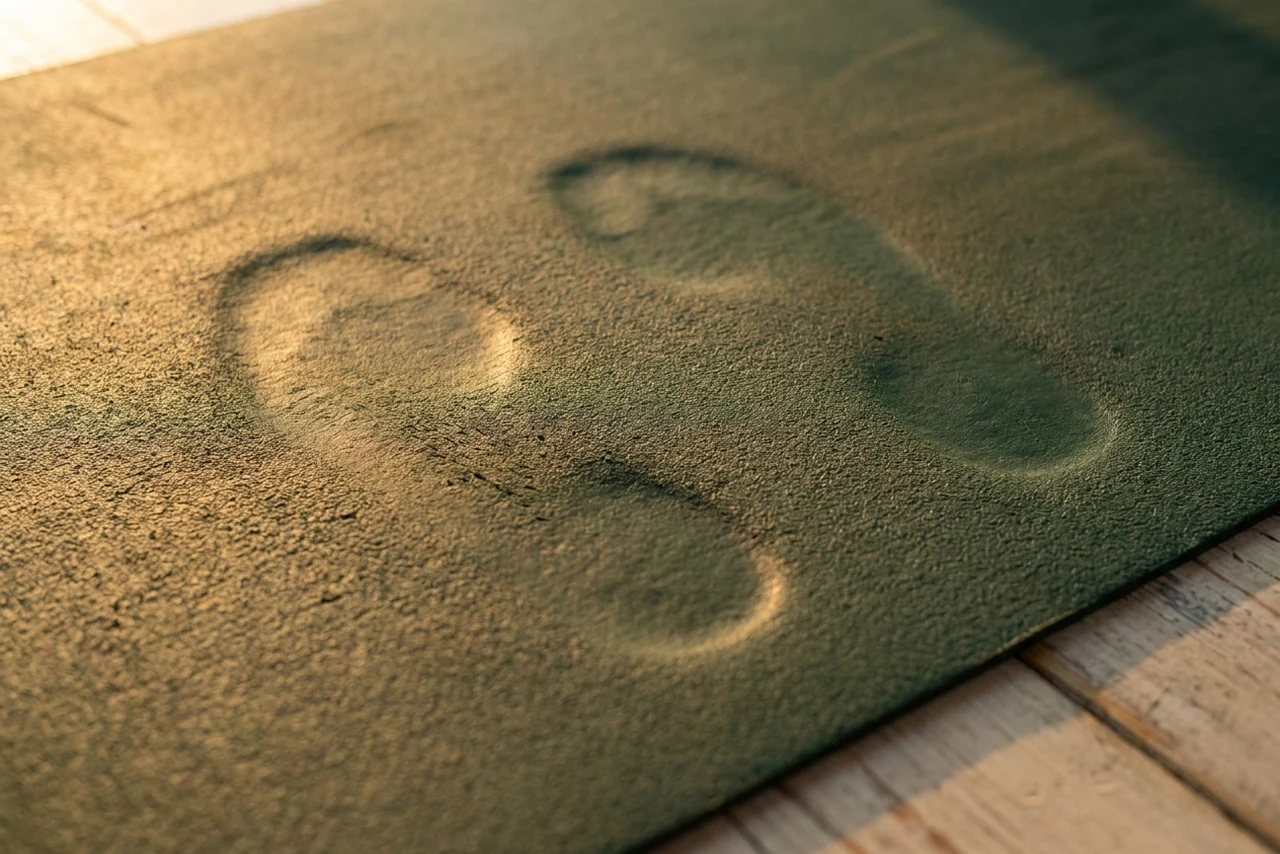 Close-up of a well-used dark green yoga mat showing faint darker impressions where feet repeatedly land