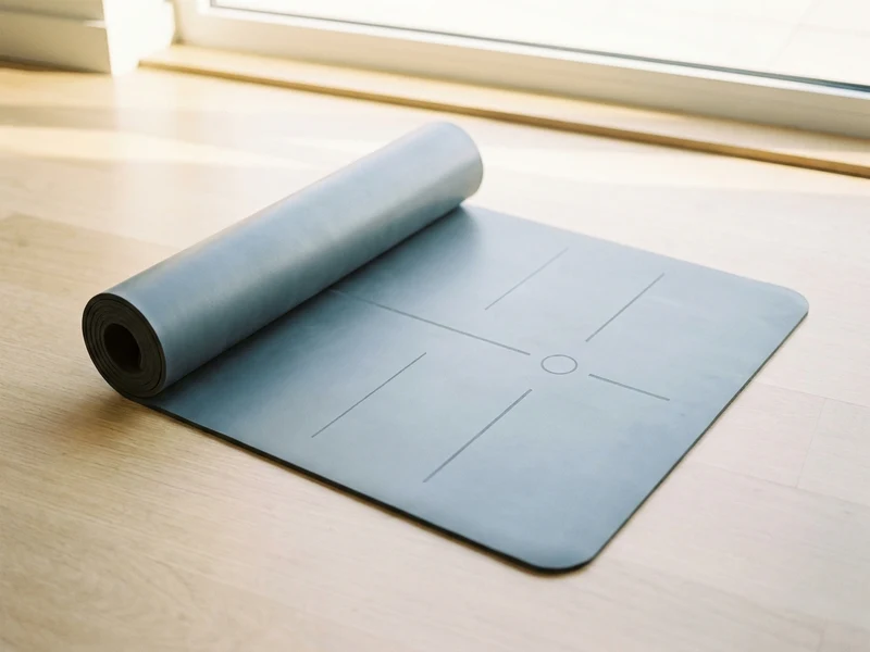 A firm yoga mat with faint etched alignment markings
