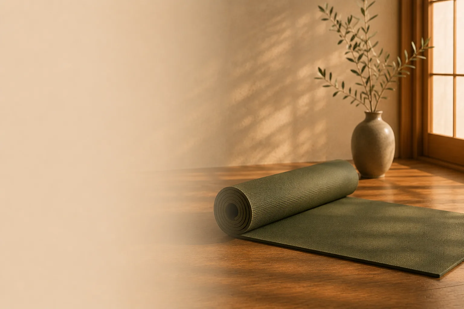 A rolled olive yoga mat on a warm wooden studio floor beside an olive branch in a ceramic vase