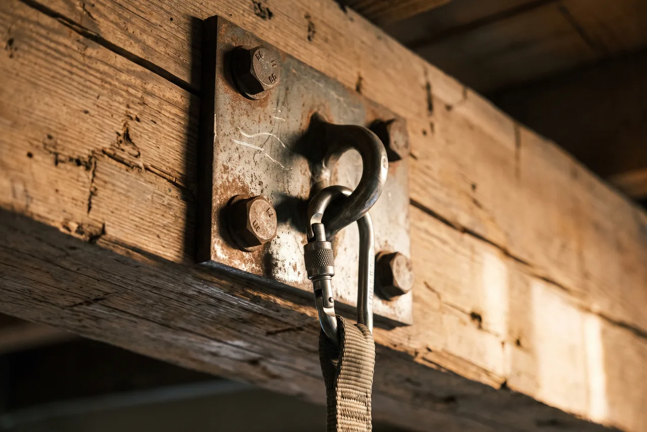 A ceiling anchor plate bolted into a wooden beam, with a carabiner and webbing loop hanging from it