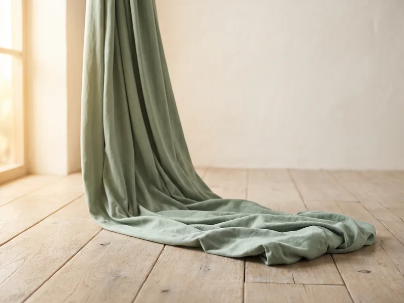 A green aerial yoga hammock gathered on a wooden floor