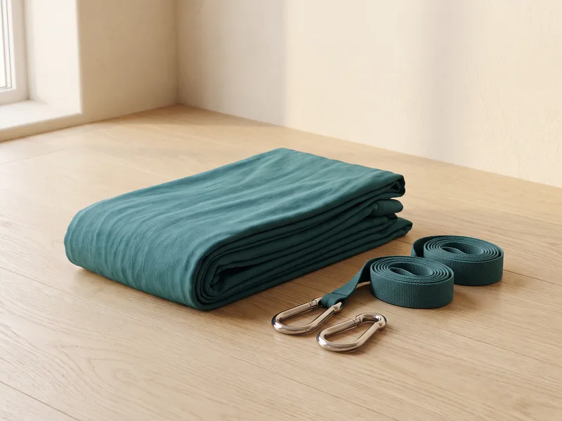 A folded aerial yoga hammock with straps and carabiners beside it