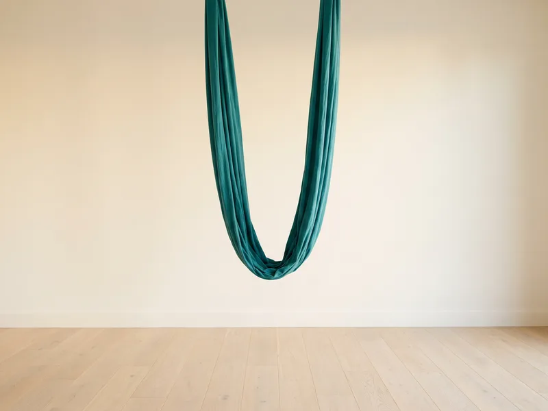A teal aerial yoga hammock hanging in a loop in a bright room