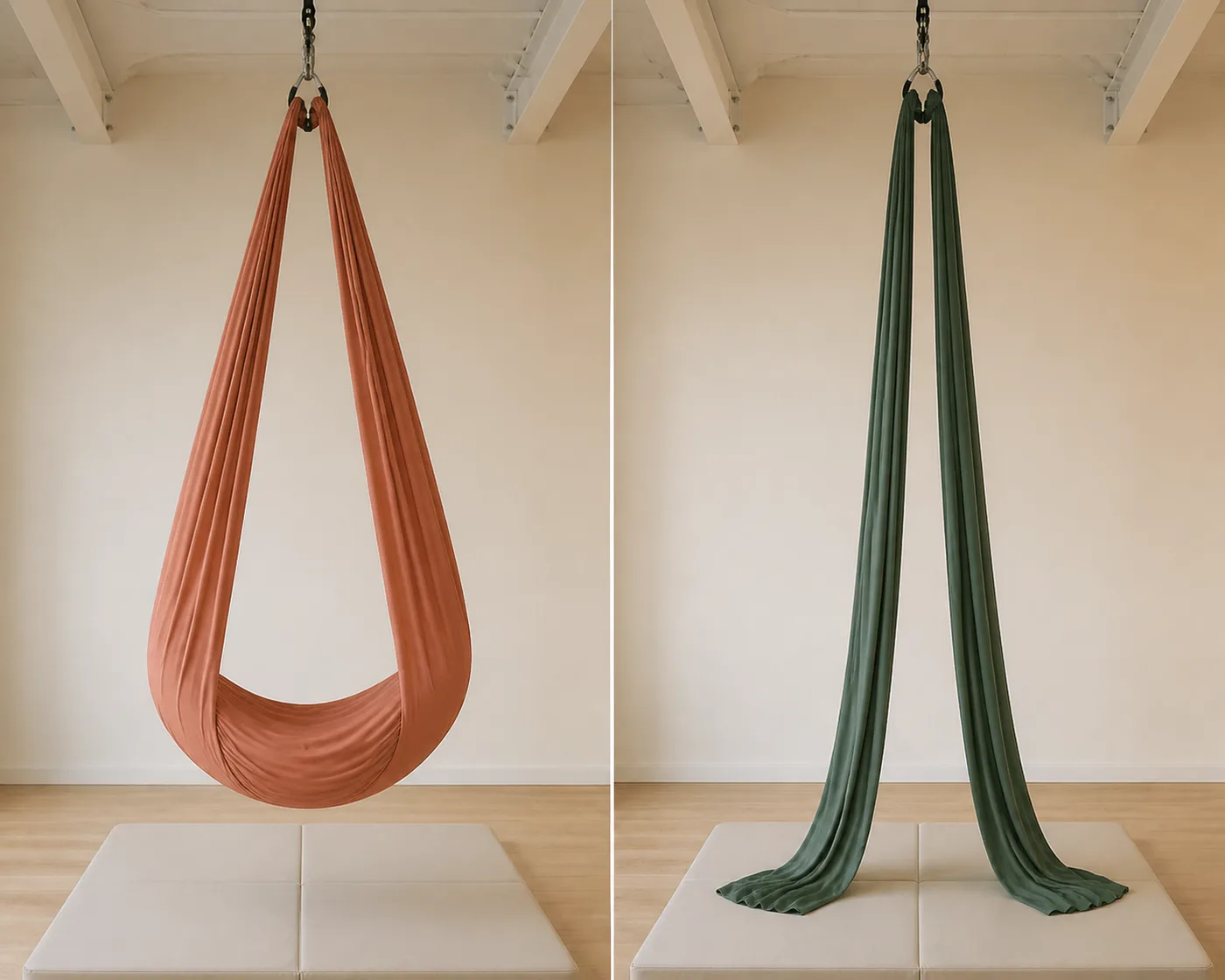 Side-by-side studio comparison of a closed-loop rust aerial hammock and two separate green aerial silk tails