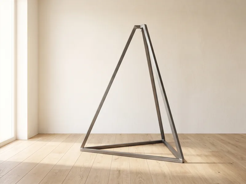 A triangular steel frame stand for a yoga hammock on a pale wooden floor
