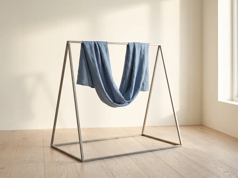A tall steel frame with a long blue fabric hammock hanging from the top bar