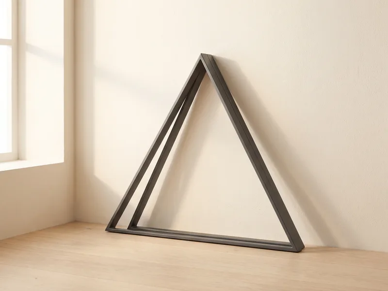A compact triangular steel frame folded partly down on a wooden floor