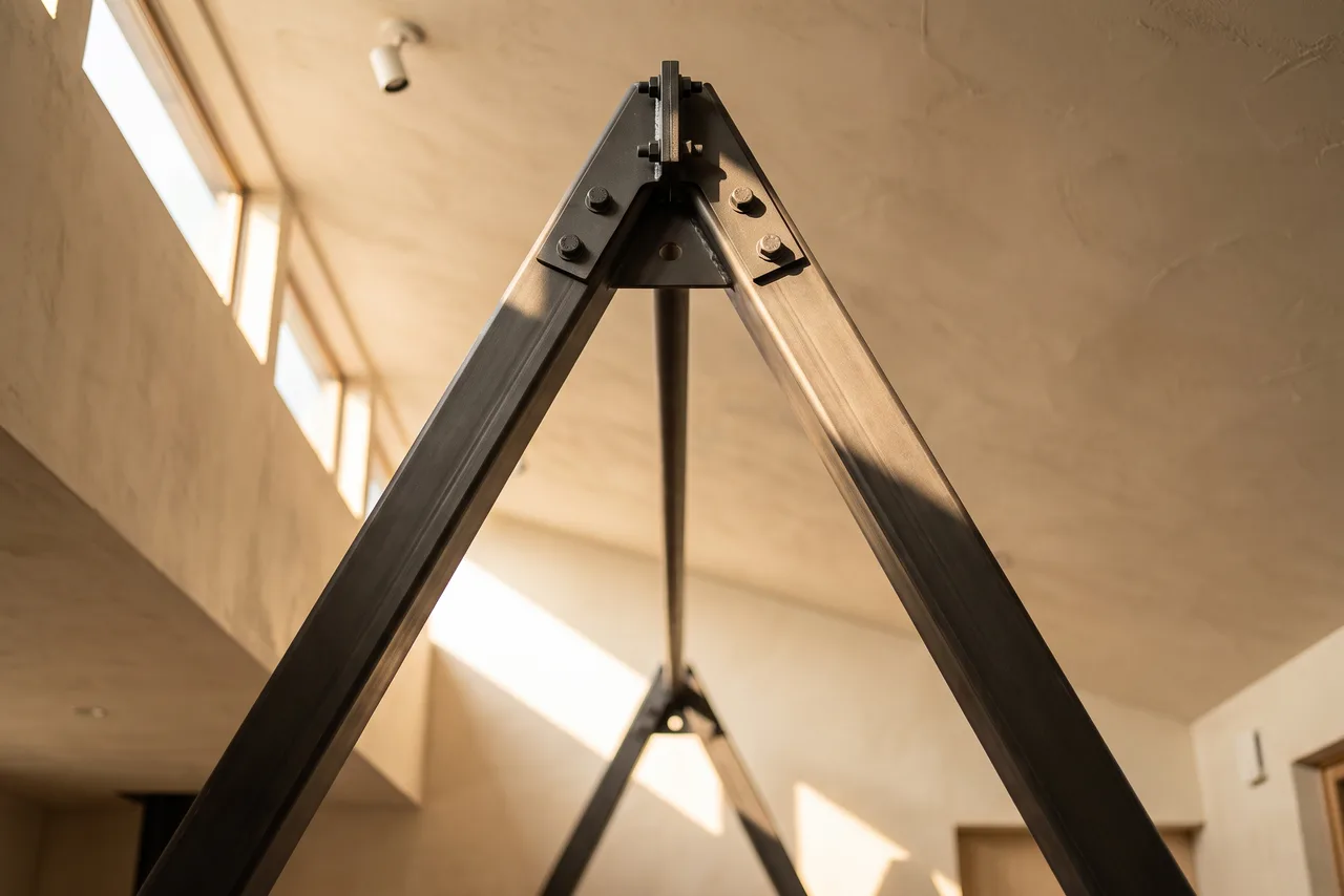 A triangular steel A-frame rig standing empty on a wooden floor in a bright room, legs splayed wide