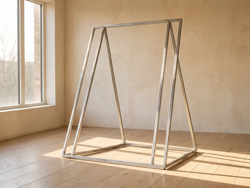 A tall silver steel triangular yoga frame standing on a wooden floor
