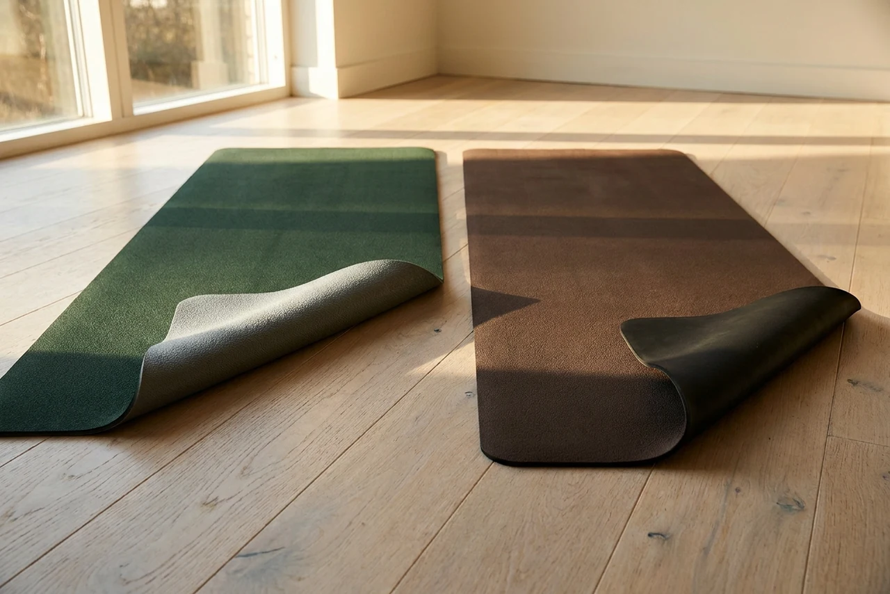 Two yoga mats with corners folded back: the left one reveals a second usable practice surface, the right one a plain rubber backing