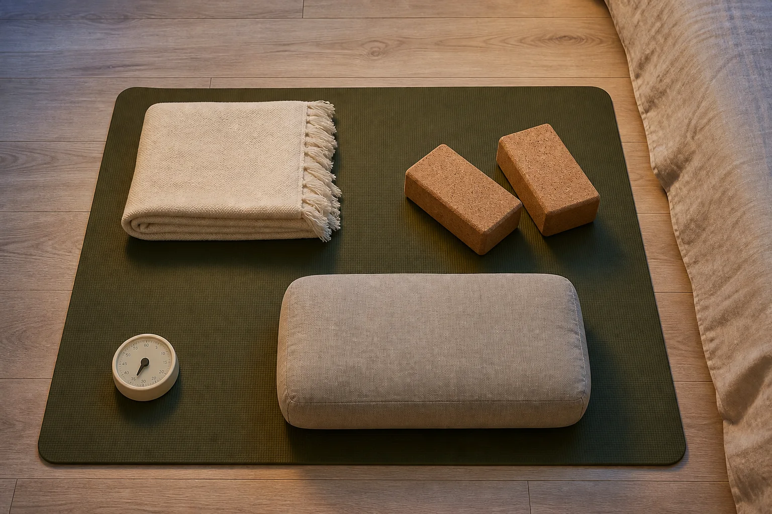 Overhead view of a dark green yoga mat with a folded cream blanket, two cork blocks, a firm rectangular cushion, and a small analog timer arranged on a bedroom floor