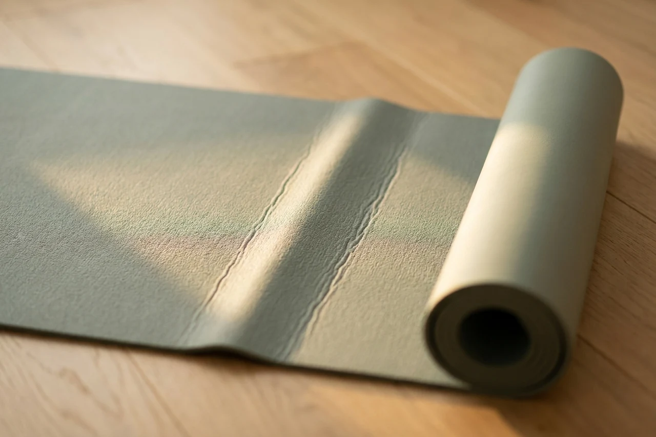 A yoga mat lying flat with two permanent fold creases running across it, beside the same mat neatly rolled with no creases