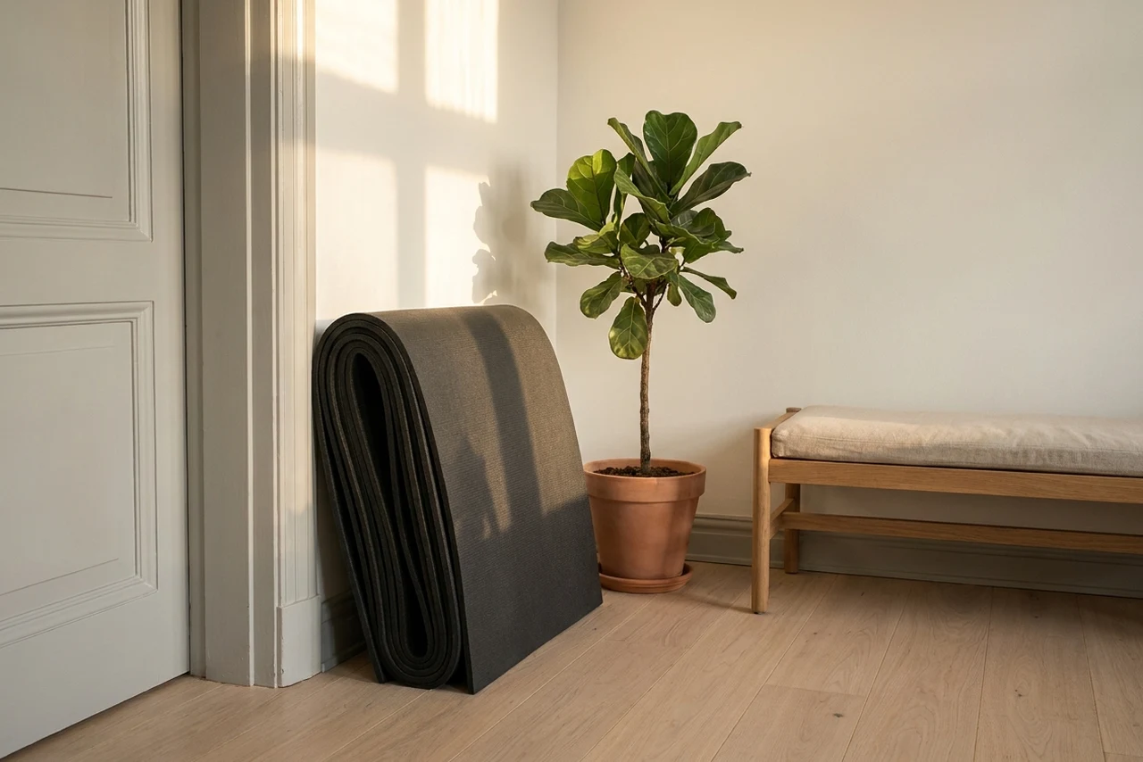 A thick exercise mat folded flat into a block standing upright beside a door frame in a small apartment corner