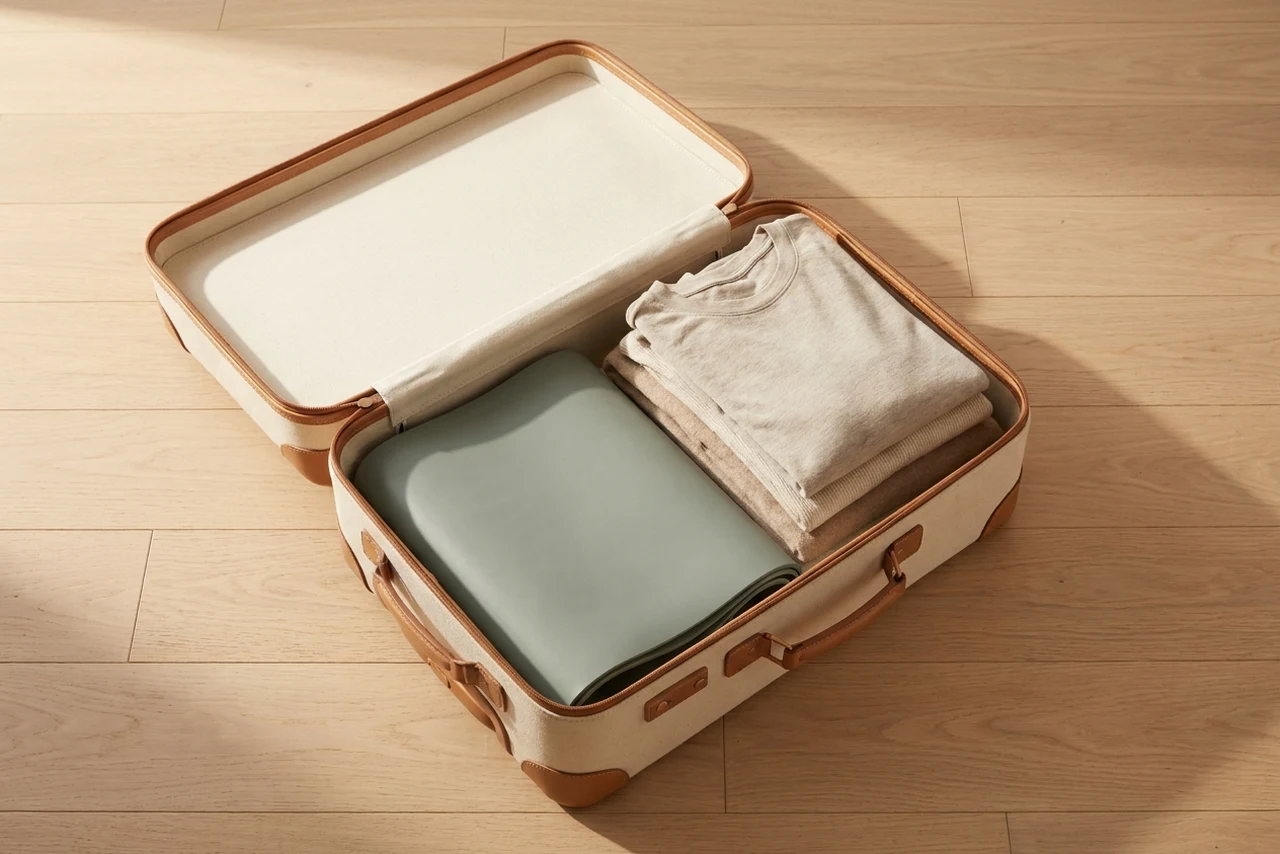 A thin yoga mat folded flat and packed inside an open carry-on suitcase alongside folded clothes