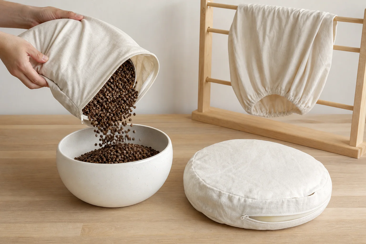 Hands emptying dry buckwheat hulls from a zippered meditation cushion into a bowl while a cotton cover air-dries on a rack