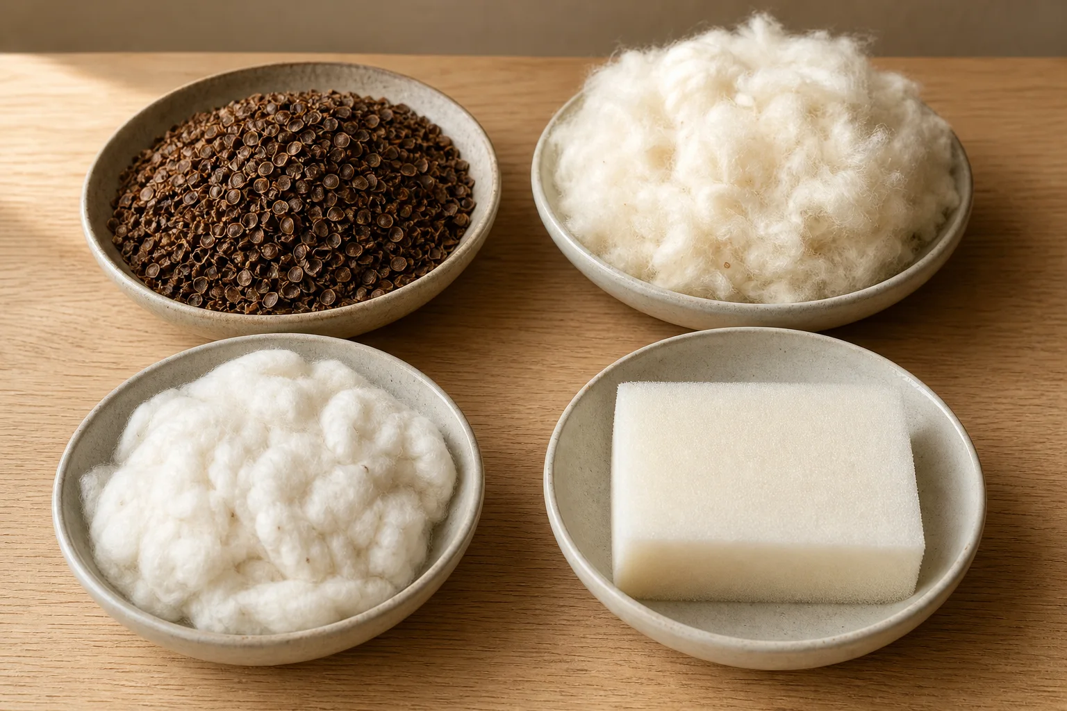 Close photograph of buckwheat hulls, airy kapok fiber, cotton batting and a cut piece of foam in separate bowls