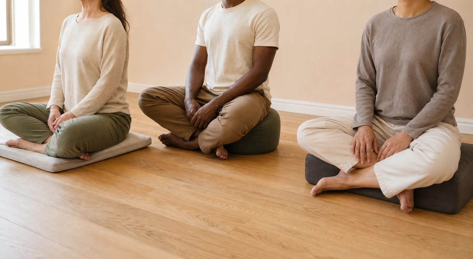 Three adults seated in ordinary cross-legged positions on a low flat pad, medium round cushion and taller rectangular cushion