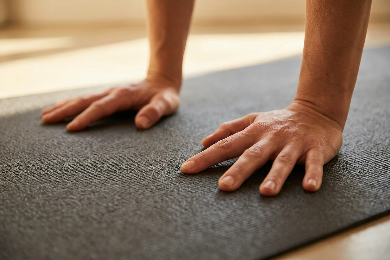 Close-up of two hands pressed flat on a dark textured yoga mat in downward dog, fingers spread wide