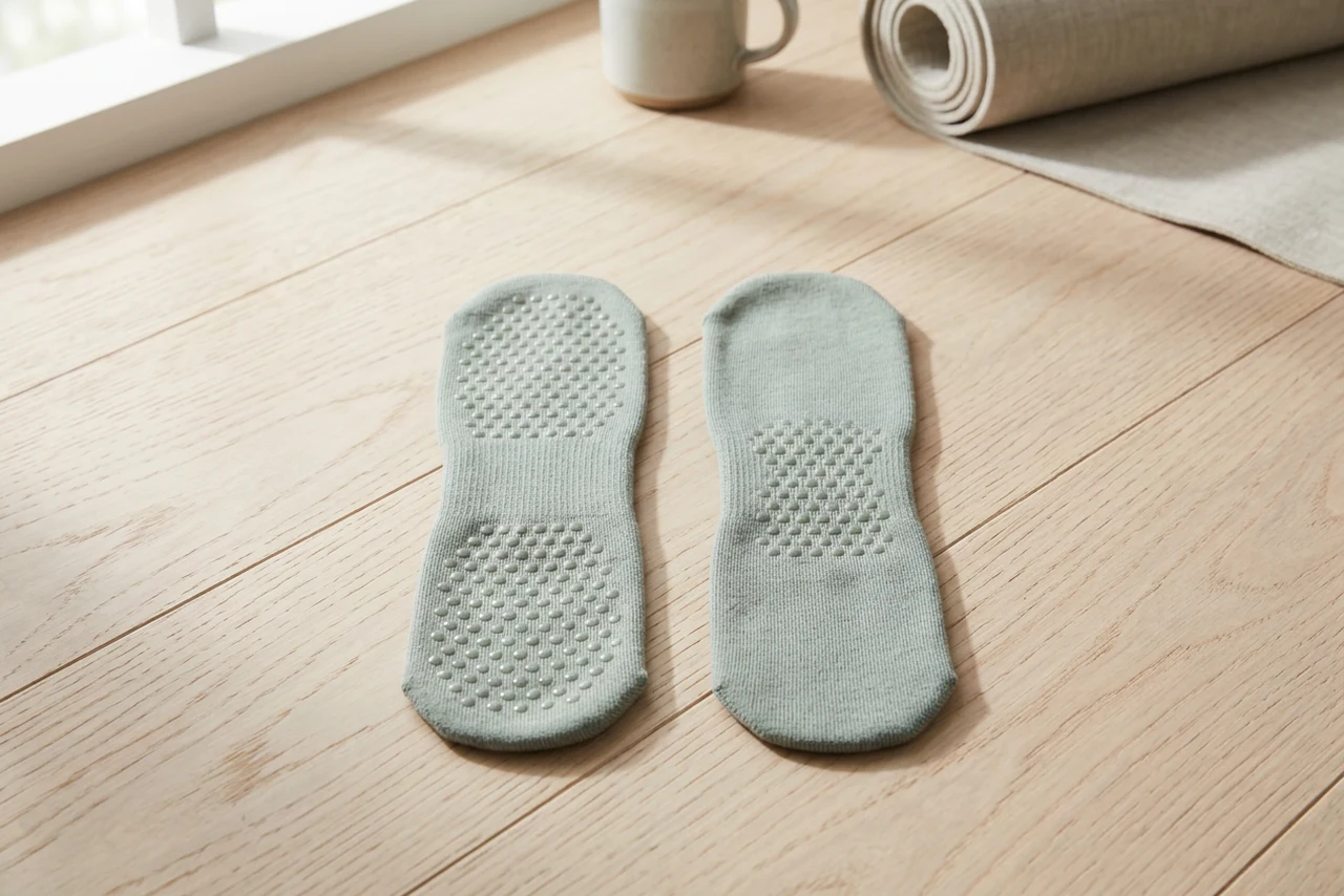 Two grip socks sole-up side by side: the left gripped at the toes and heel, the right with a small patch of grip under the midfoot only