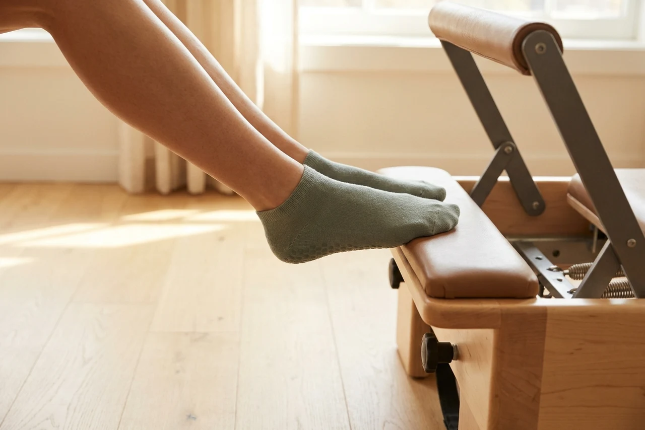 Feet in plain grip socks pressed flat against the padded footbar of a Pilates reformer in a bright studio