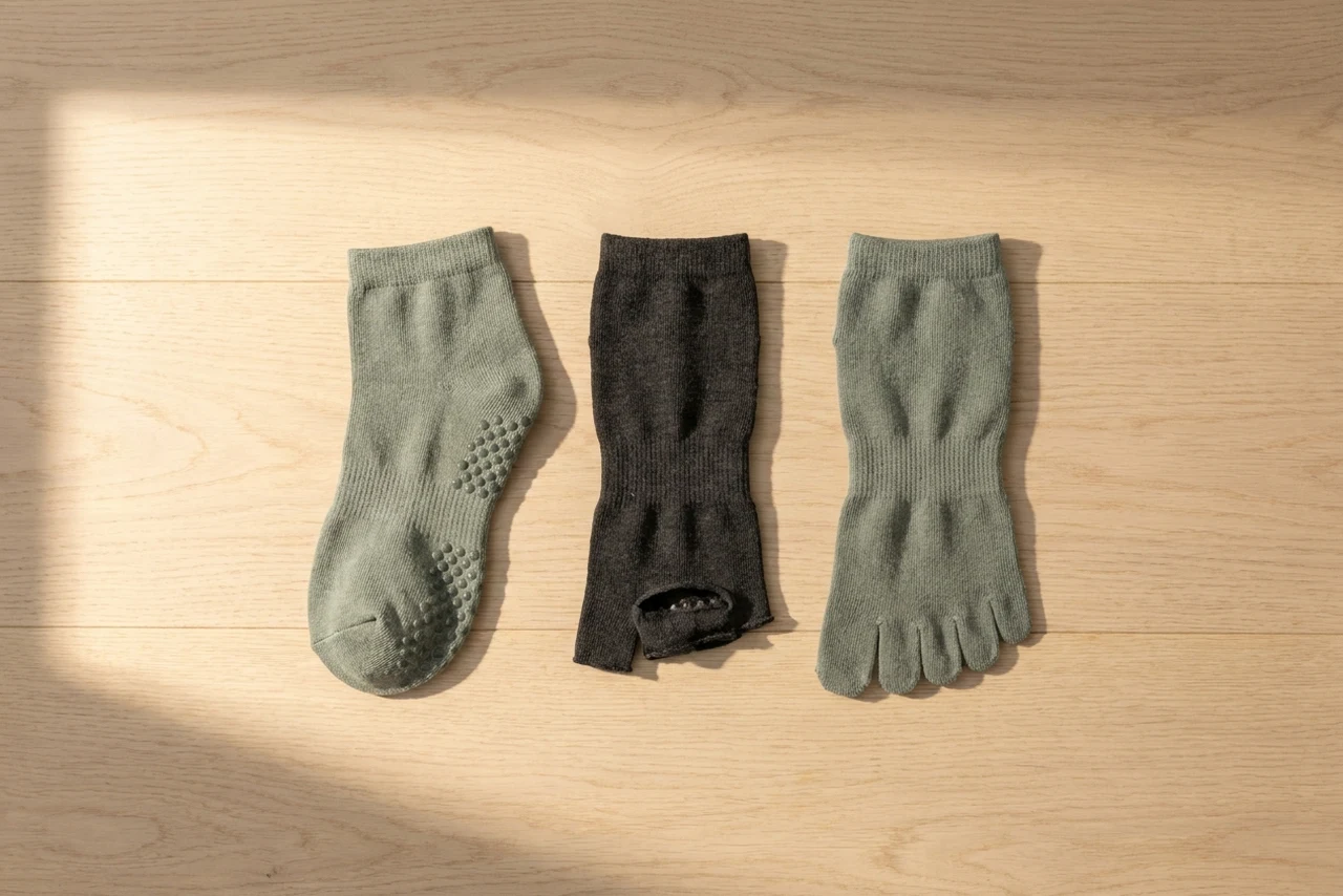 Three grip socks in a row: a closed full-toe sock, a toeless sock with an open toe opening, and a five-toe sock with separate toe compartments