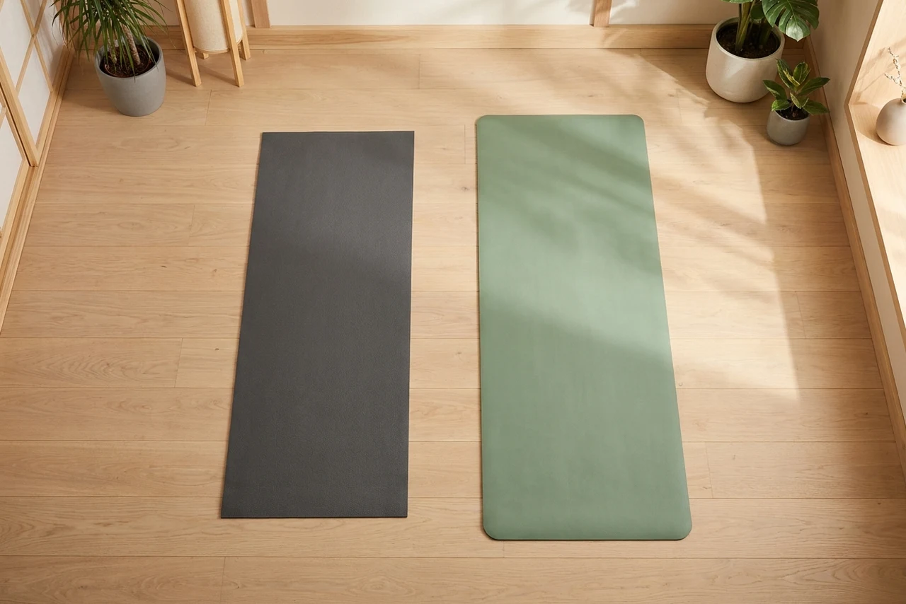 Two exercise mats unrolled side by side seen from above, one standard width and one noticeably wider