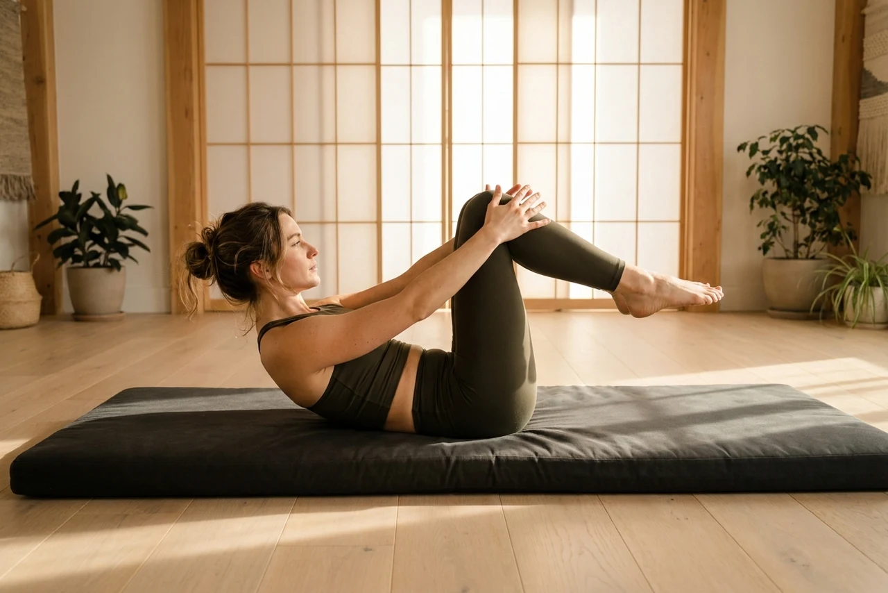 A woman rolling up through her spine on a thick padded exercise mat in a bright studio