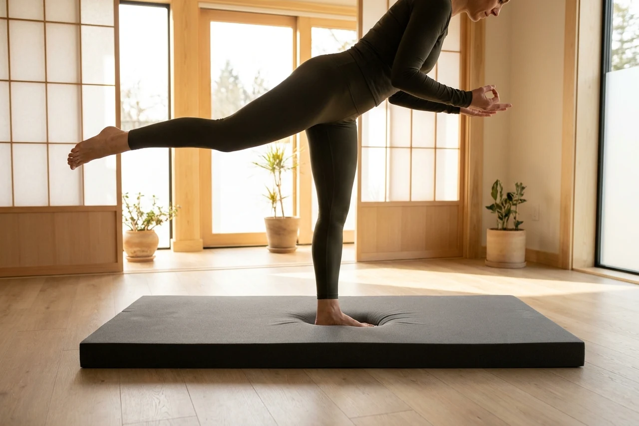 A woman balancing on one leg on a very thick exercise mat, her supporting foot visibly sinking into the padding