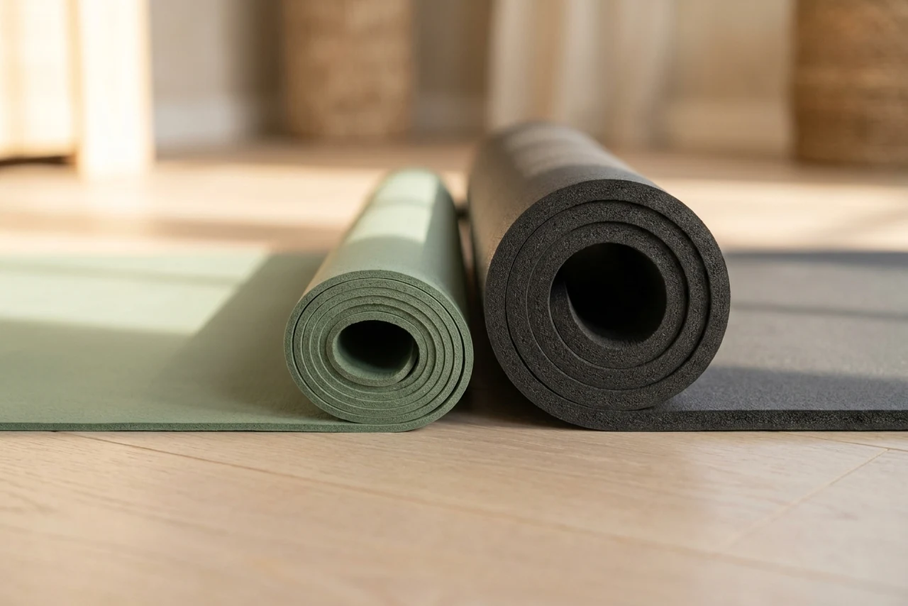 A thin yoga mat and a much thicker Pilates mat lying flat, photographed from their cut ends so the difference in depth is visible