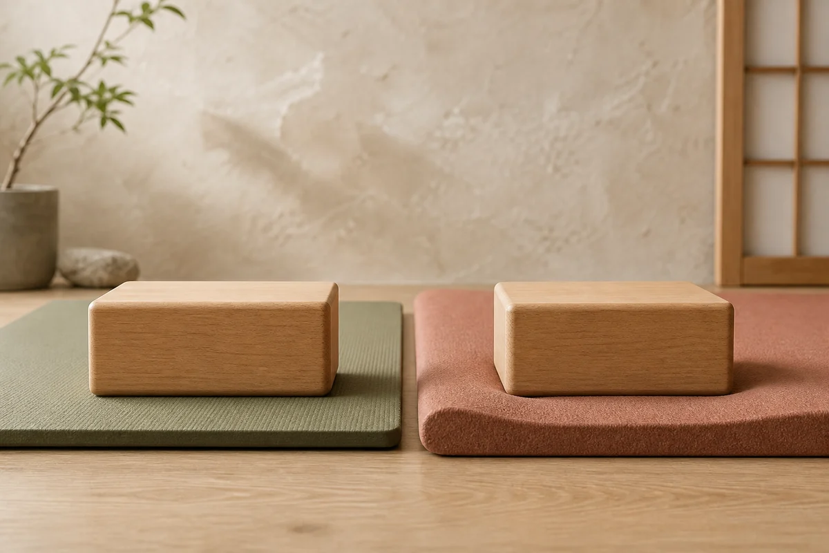 Identical wooden blocks resting on a dense thin yoga mat and a much thicker soft foam mat, with the soft foam compressing more deeply