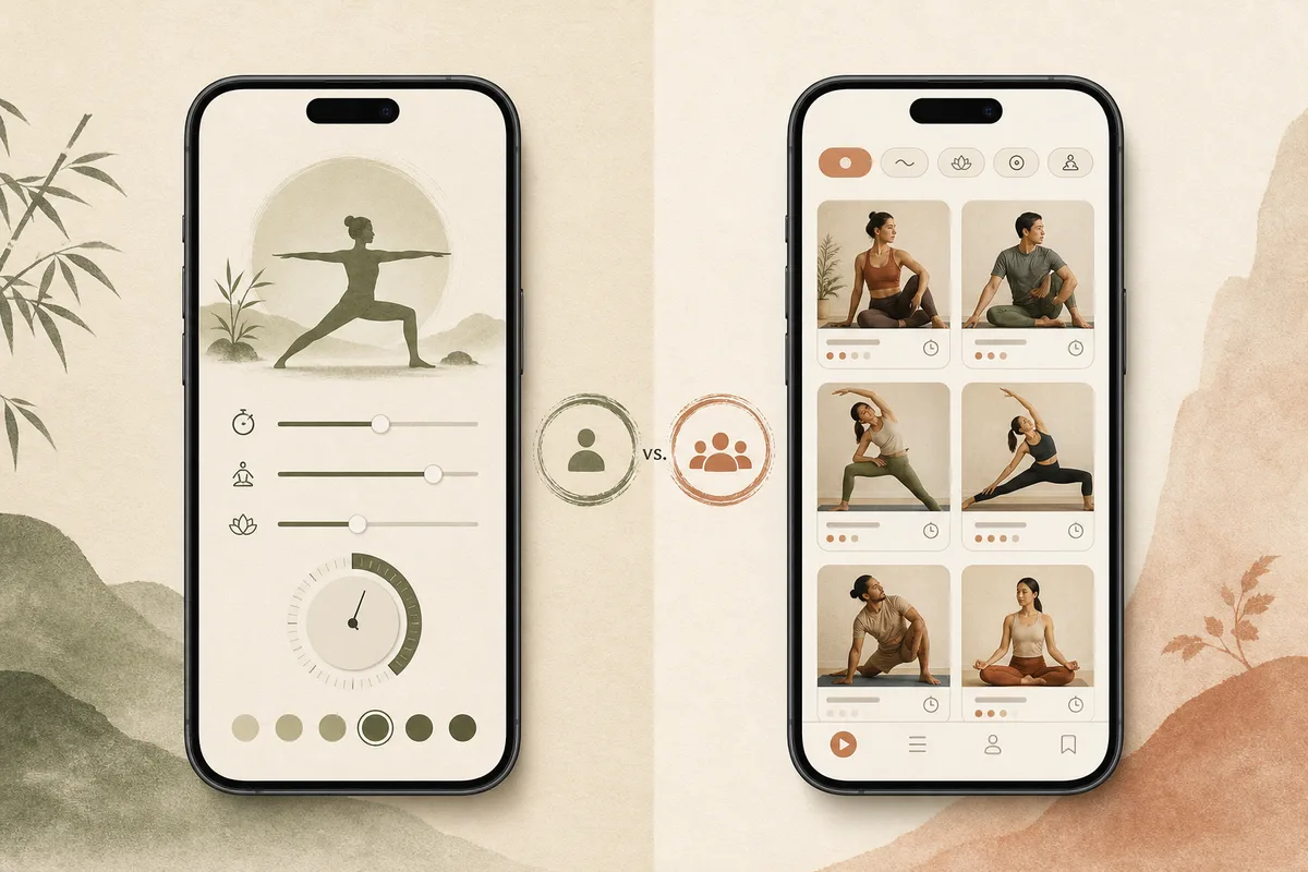 Two generic phones comparing a customizable yoga session with sliders against a library of teacher-led video classes
