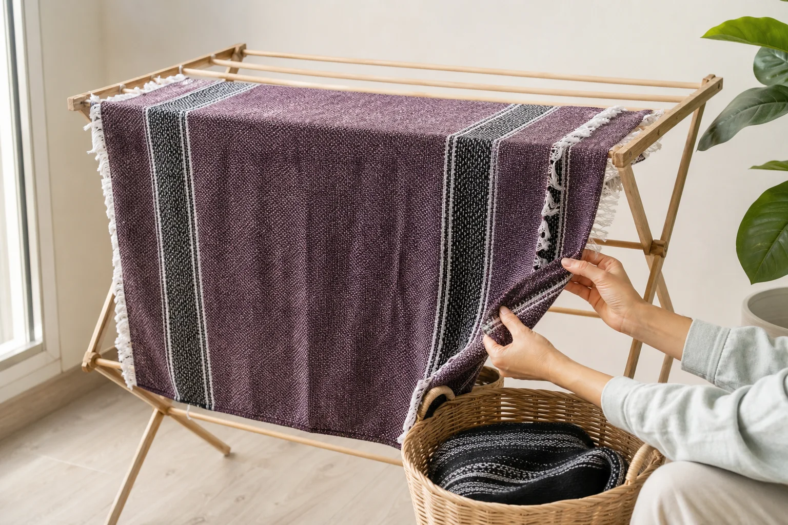A woven yoga blanket spread fully over a broad wooden drying rack while hands reshape the damp hem and a dark blanket waits separately