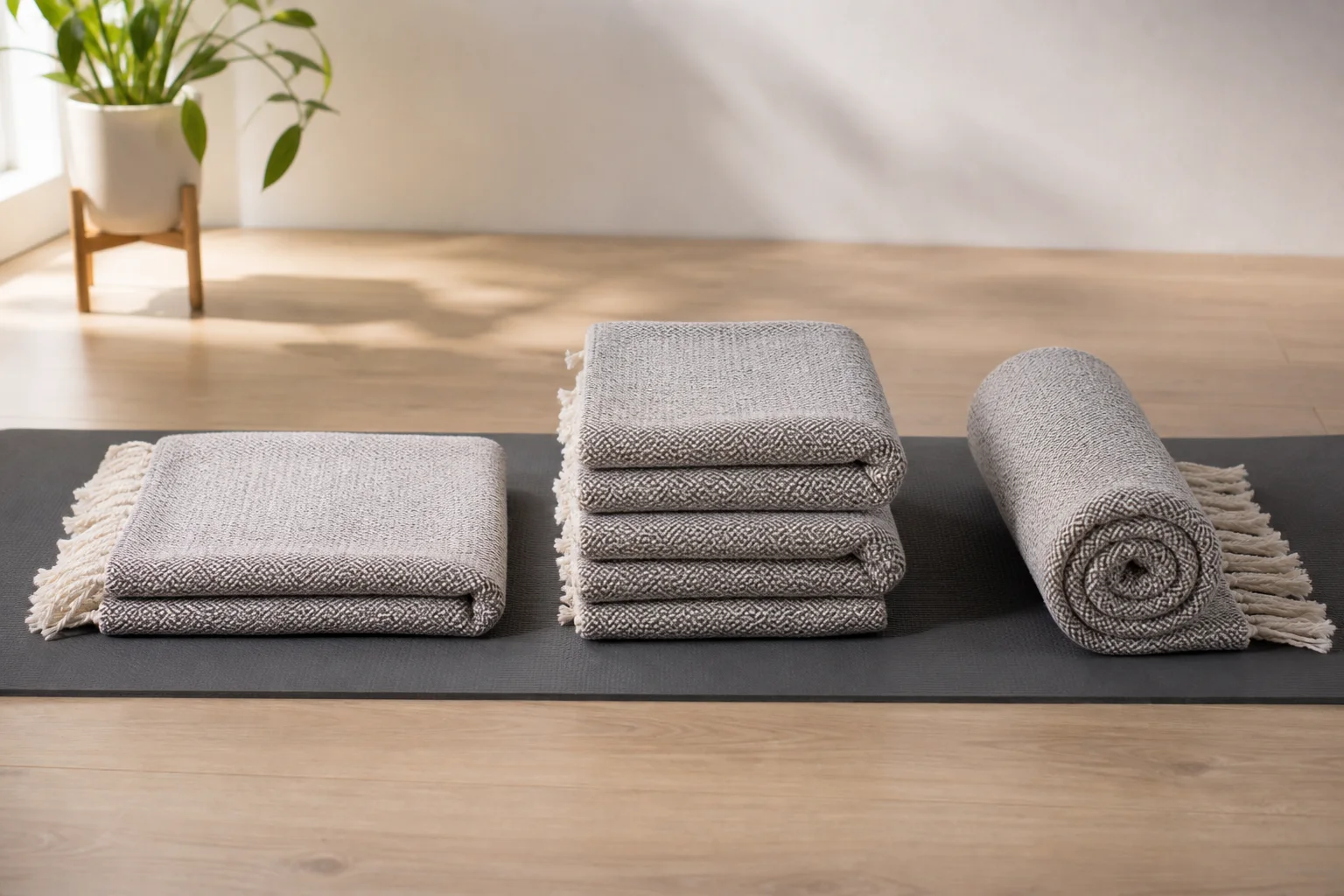 A woven yoga blanket arranged as a low rectangular fold, a higher compact stack and a cylindrical roll on a mat