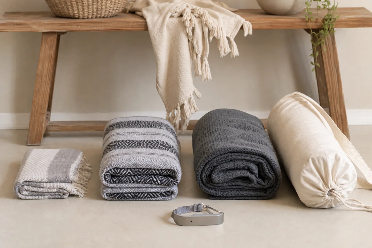 Three yoga blankets folded into different packed sizes beside a plain canvas mat bag and a small luggage scale