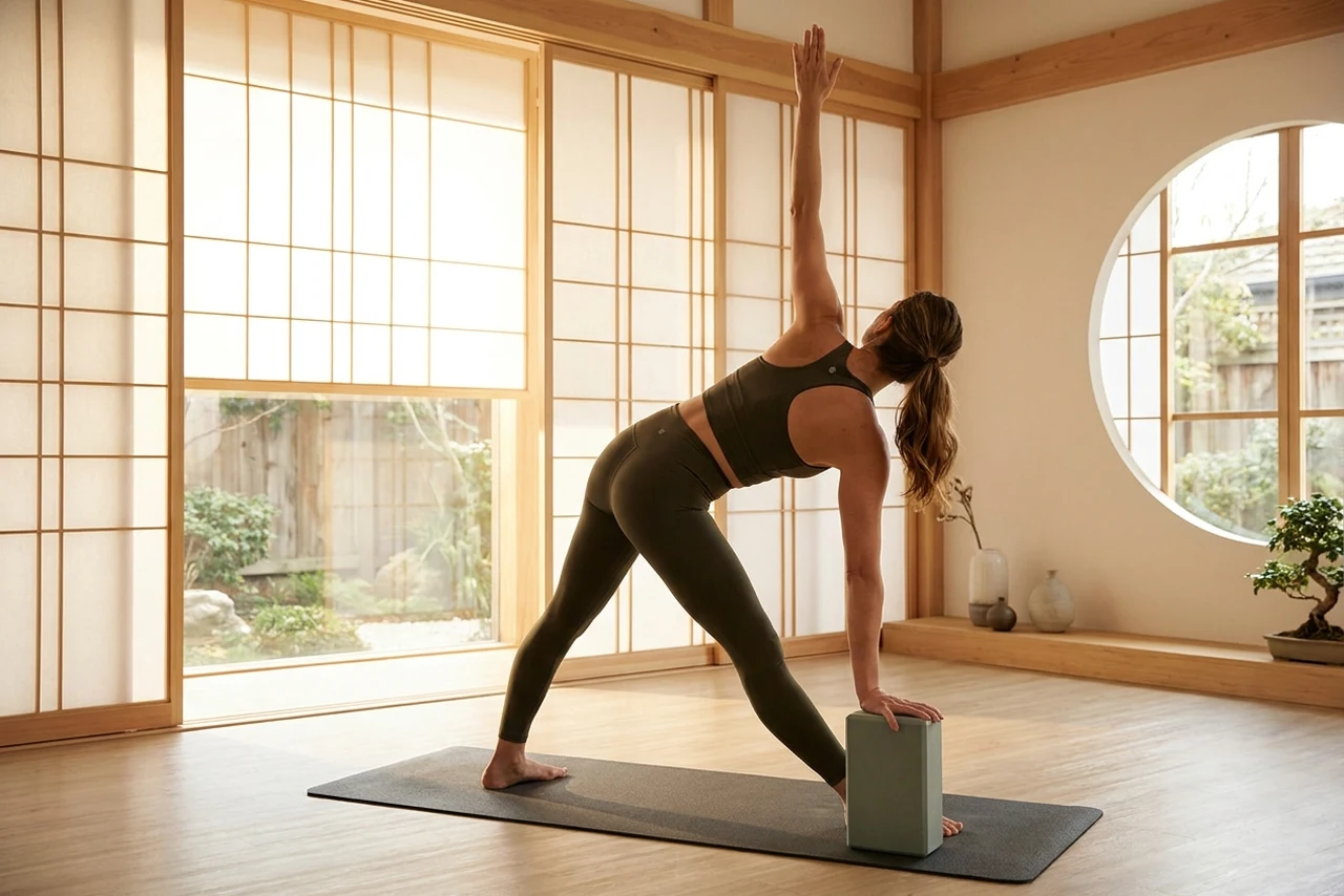 A woman in triangle pose resting her lower hand on a foam block standing on its tall end beside her front foot