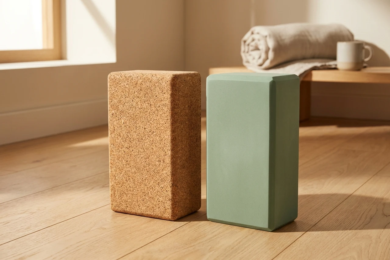 A cork yoga block and a foam yoga block of identical size standing side by side, showing the cork grain against the smooth foam