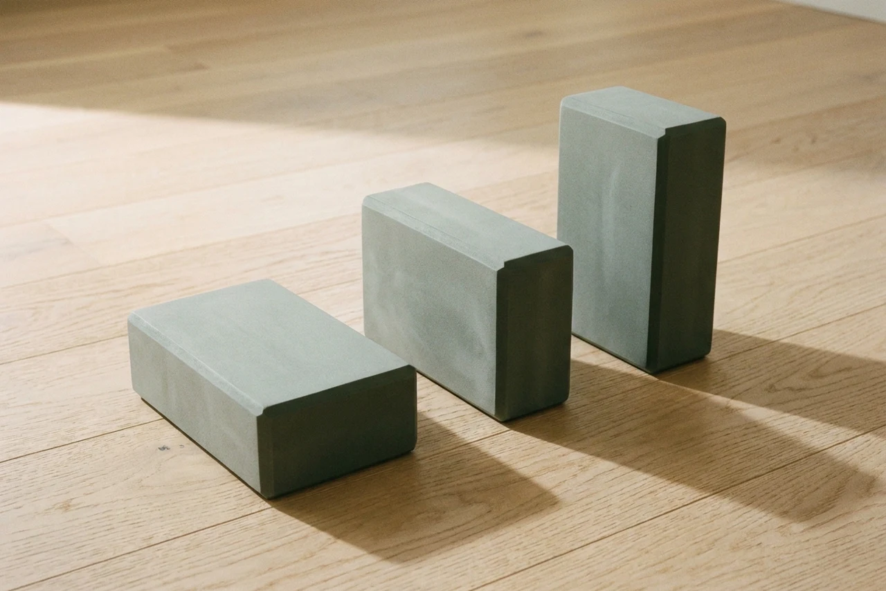 Three identical foam yoga blocks resting on different faces to show the low, medium and tall heights