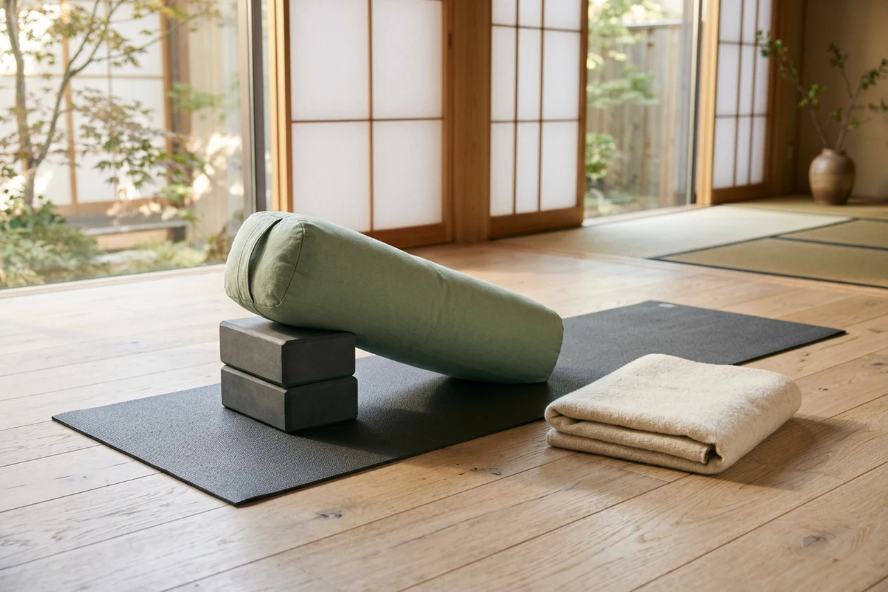 A bolster laid across a mat with two foam blocks raising one end into an incline, a folded blanket beside it