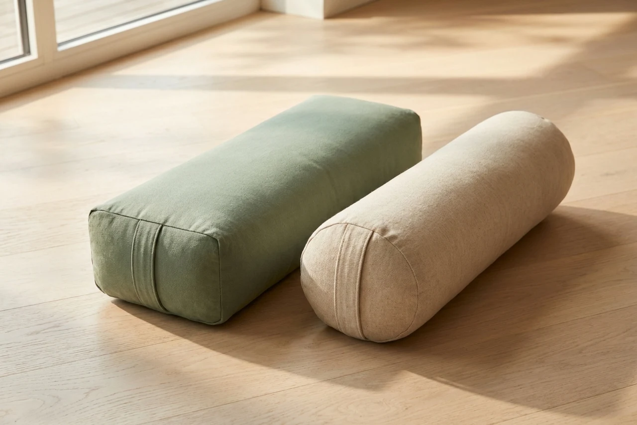 A rectangular yoga bolster and a cylindrical round bolster lying side by side, showing the flat top against the deep curve