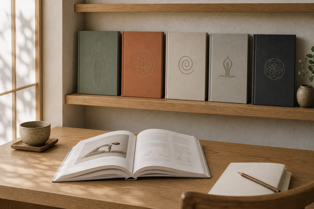 One yoga reference book open beside a notebook while five closed specialist books remain neatly on a shelf