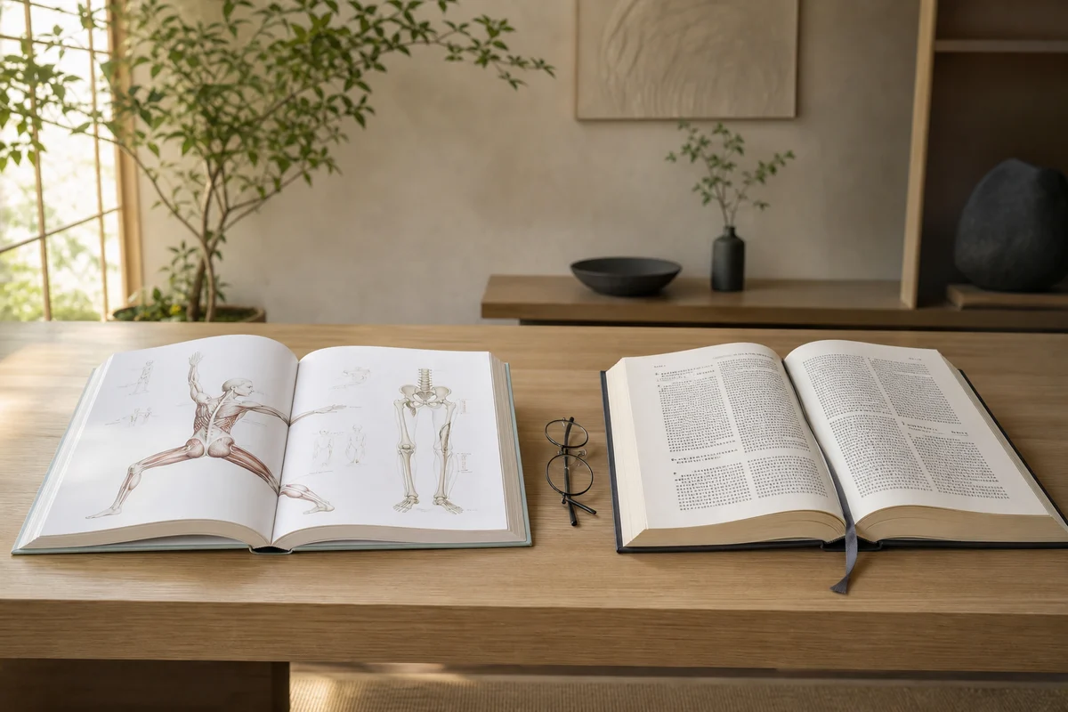 An approachable illustrated anatomy book and a dense scholarly philosophy book open side by side with reading glasses between them