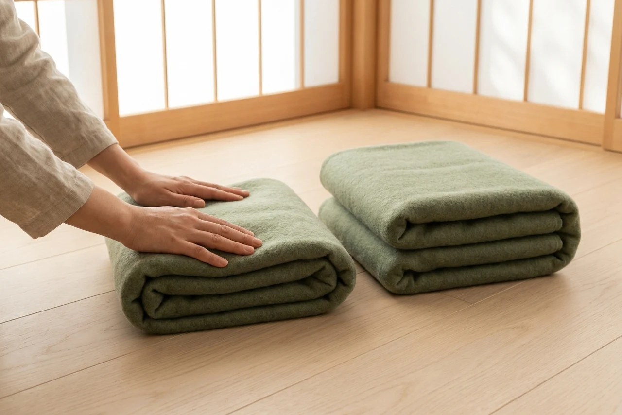 Hands folding a wool blanket into a firm rectangle about an inch thick, with the finished folded pad beside it
