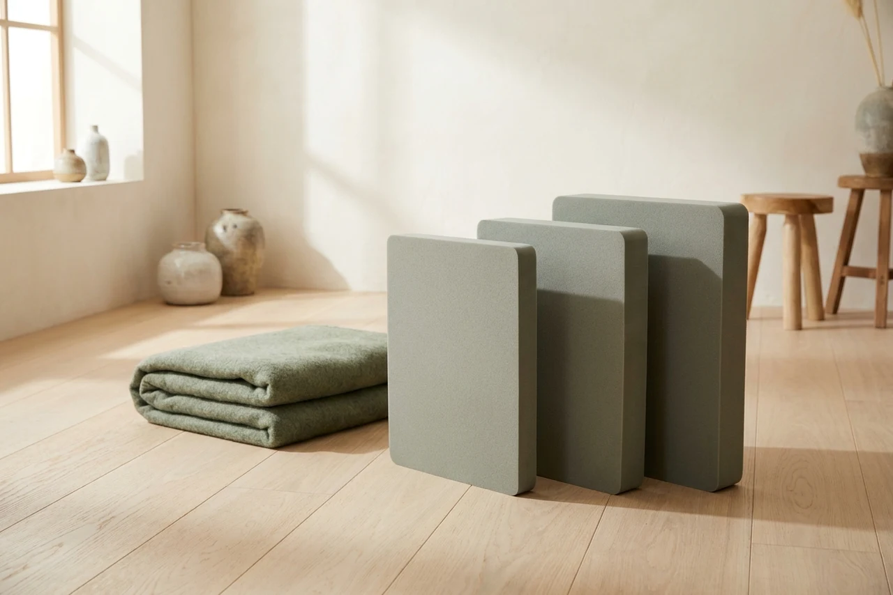 Three foam knee pads of different thicknesses standing on edge in a row, with a folded wool blanket beside them for comparison