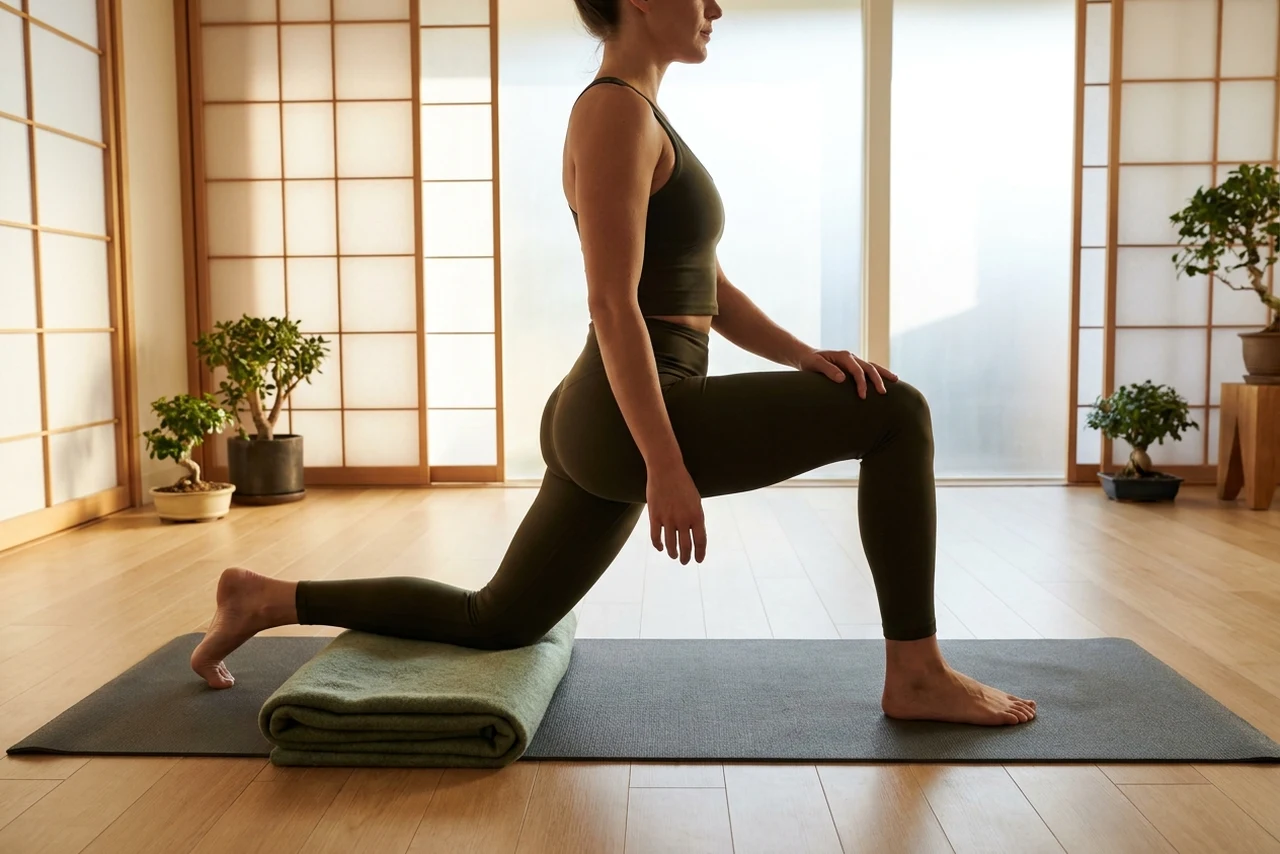 A woman in a low lunge with her back shin resting on a folded blanket, her kneecap just clear of the front edge