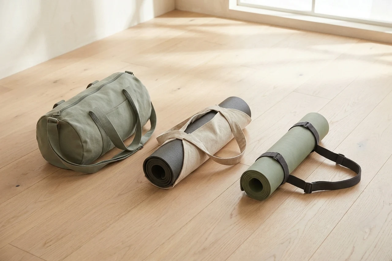 A zip mat bag, an open sling carrier with a mat inside, and a pair of webbing straps around a rolled mat, laid out in a row