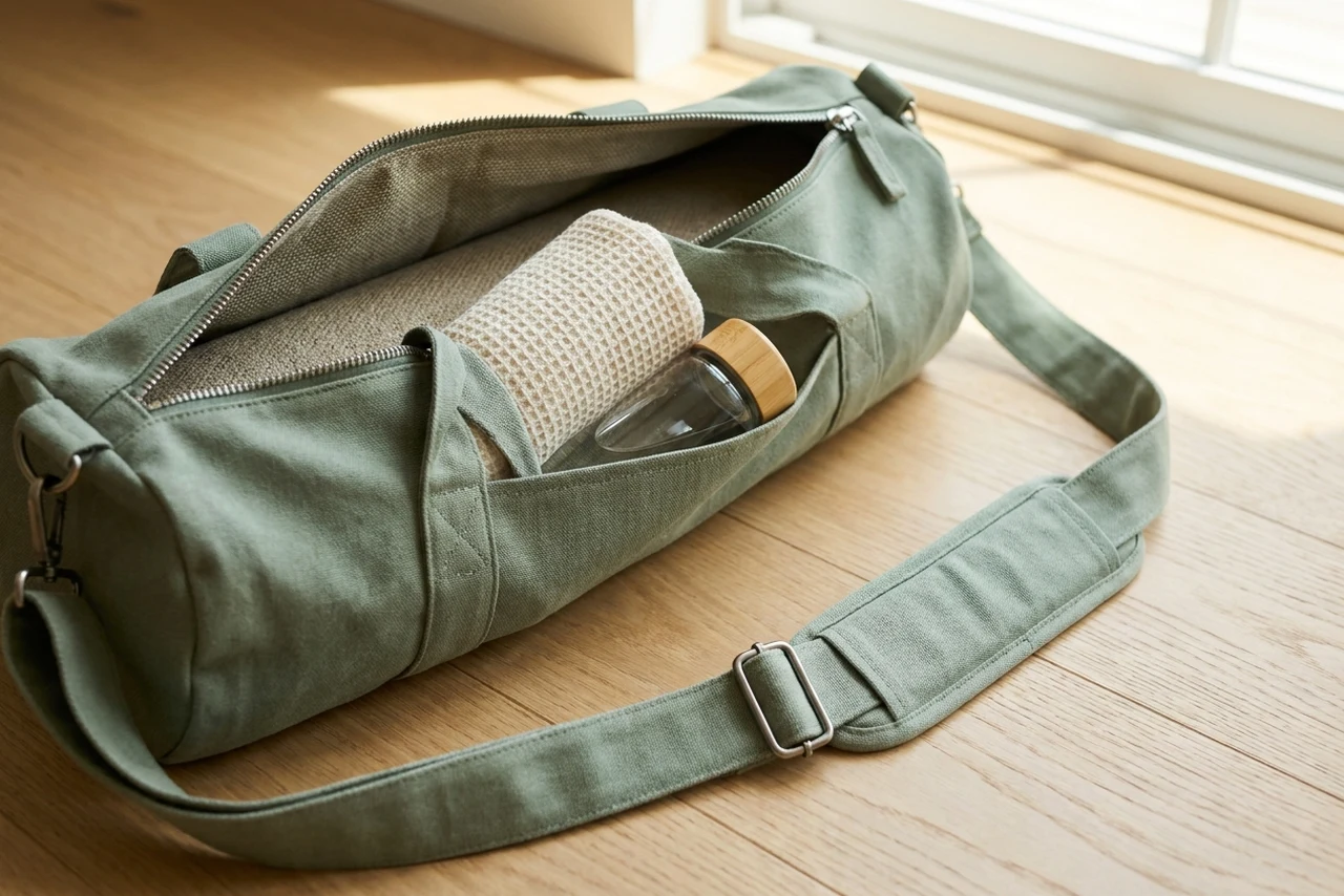 An open canvas mat bag showing its full-length zip, a side pocket holding a towel and water bottle, and a wide padded shoulder strap