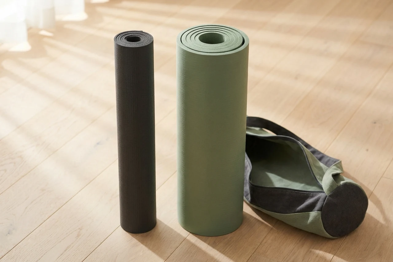 A thin rolled mat and a much thicker rolled mat standing side by side, with an open mat bag lying beside them for scale