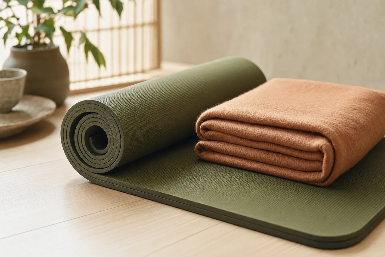 A thick cushioned yoga mat with a folded soft blanket laid on top for extra knee padding