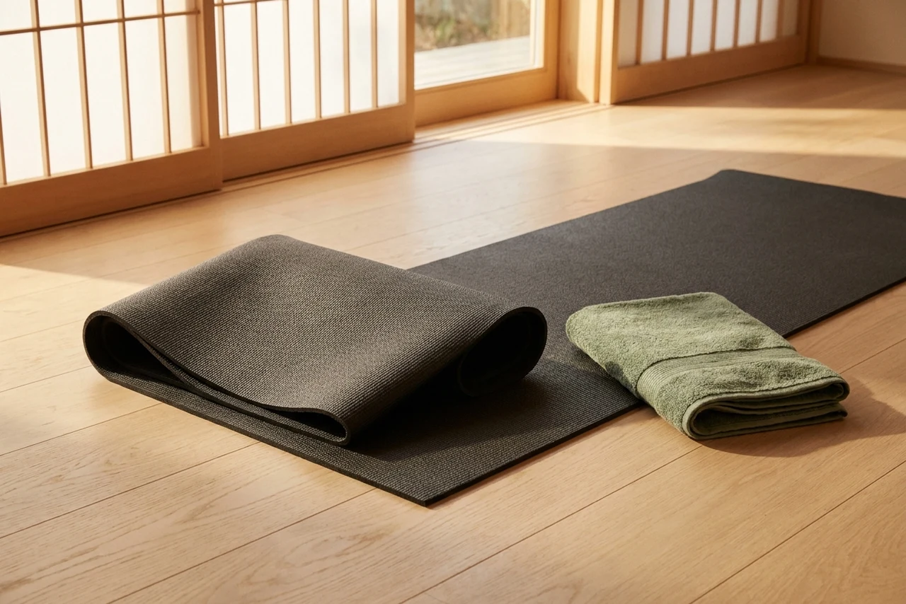A yoga mat with its end folded back double for extra thickness, and a folded towel laid on another section